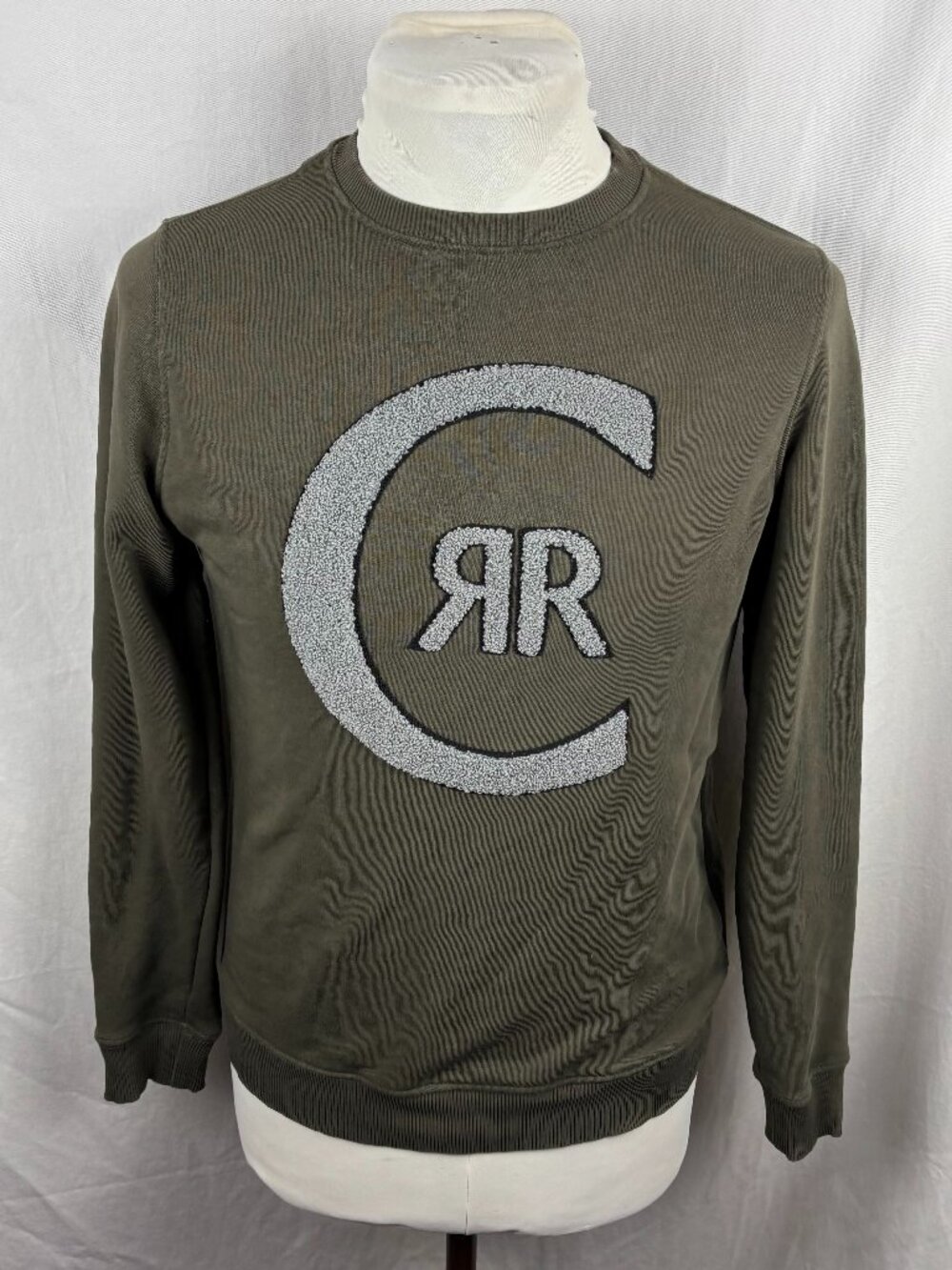Cerruti 1881 Logo Sweatshirt Olive Green Chenille Crewneck Men's Small Cotton